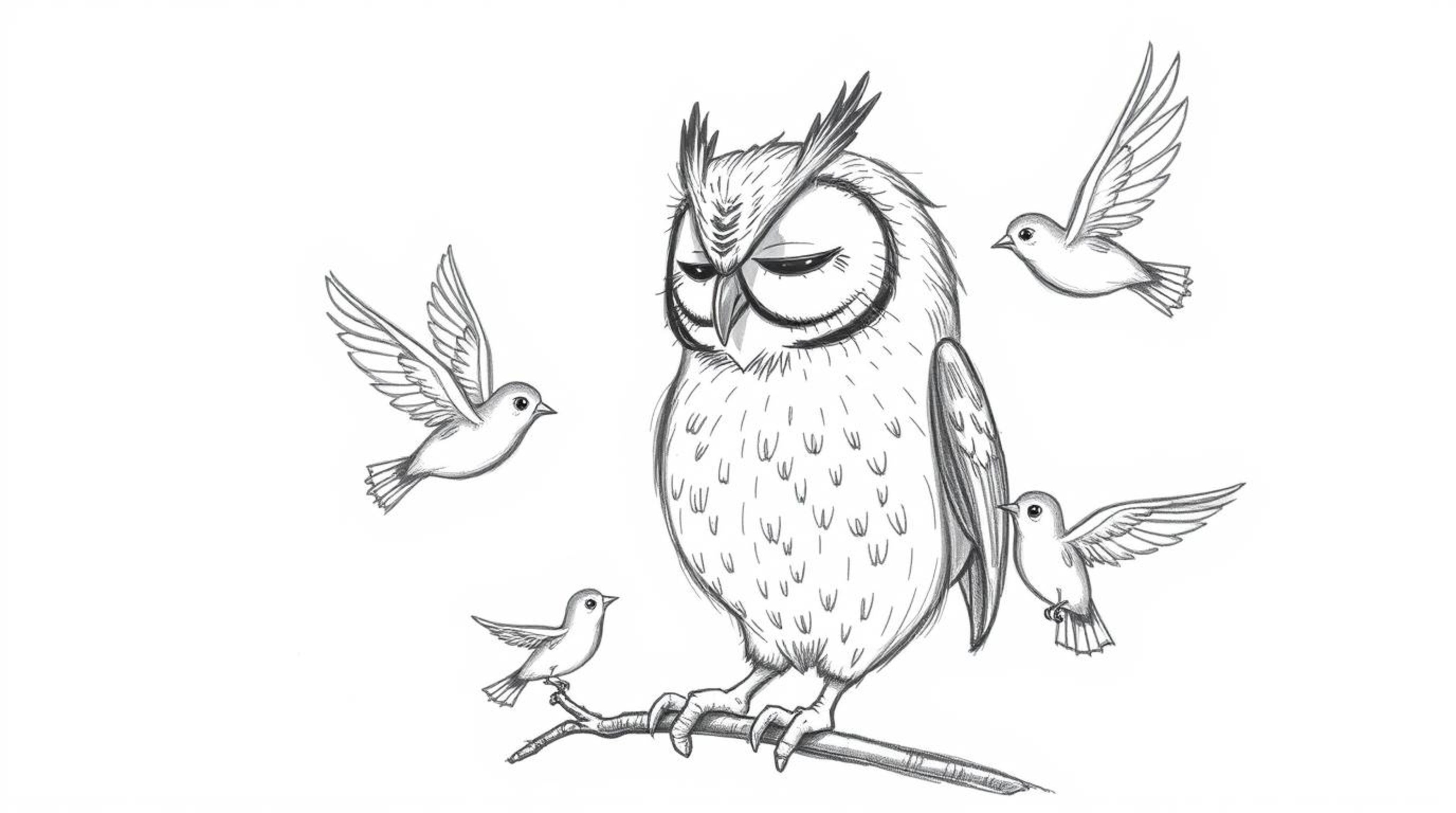 A hand-drawn pencil sketch depicts a serene, blind owl in the style of Pixar animation, imparting its wisdom by teaching bird