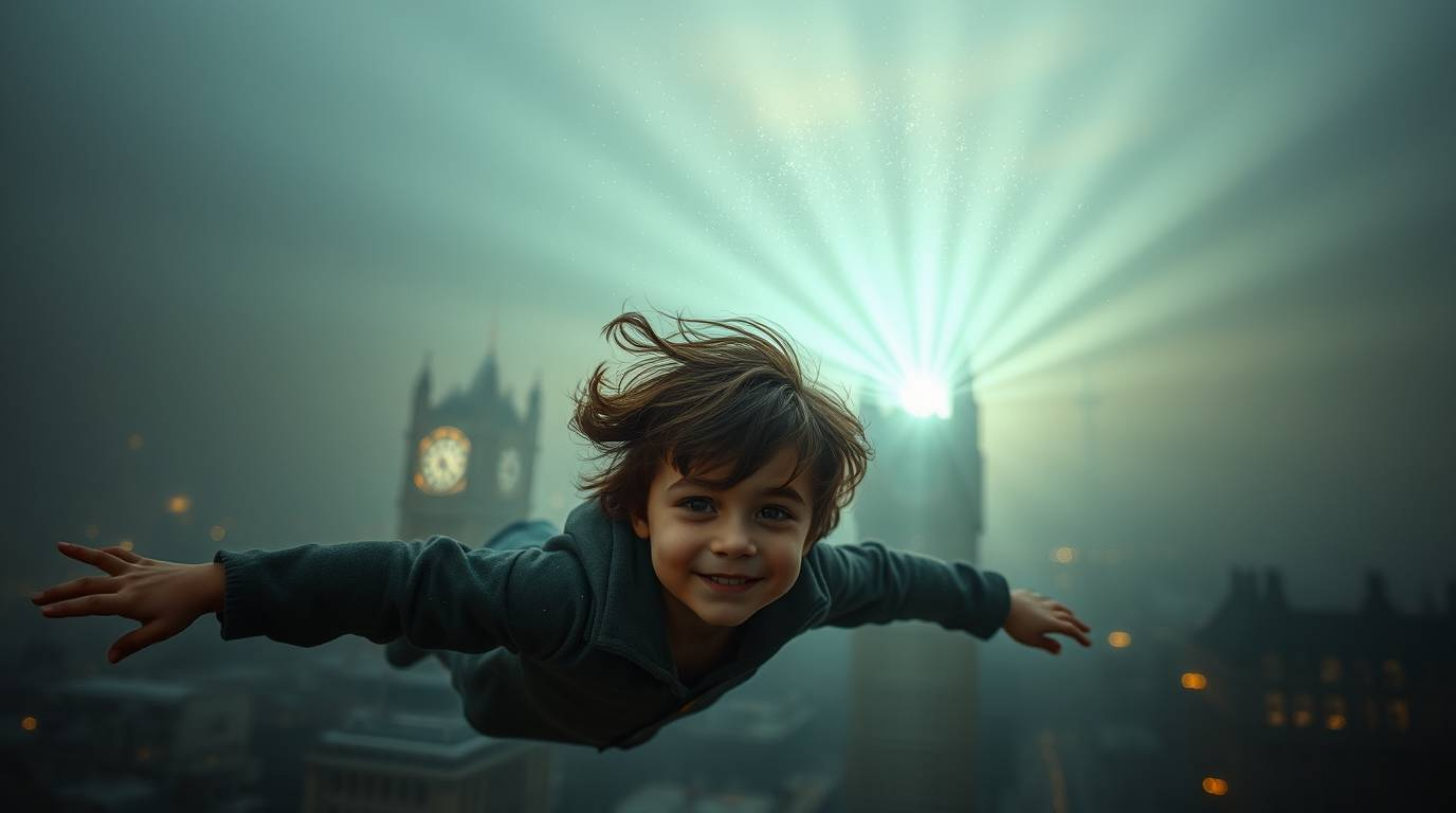 A captivating image of a young boy with windswept hair soaring above the London skyline, propelled by magical pixie dust.  Vo