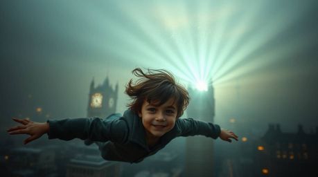 A captivating image of a young boy with windswept hair soaring above the London skyline, propelled by magical pixie dust. Vo