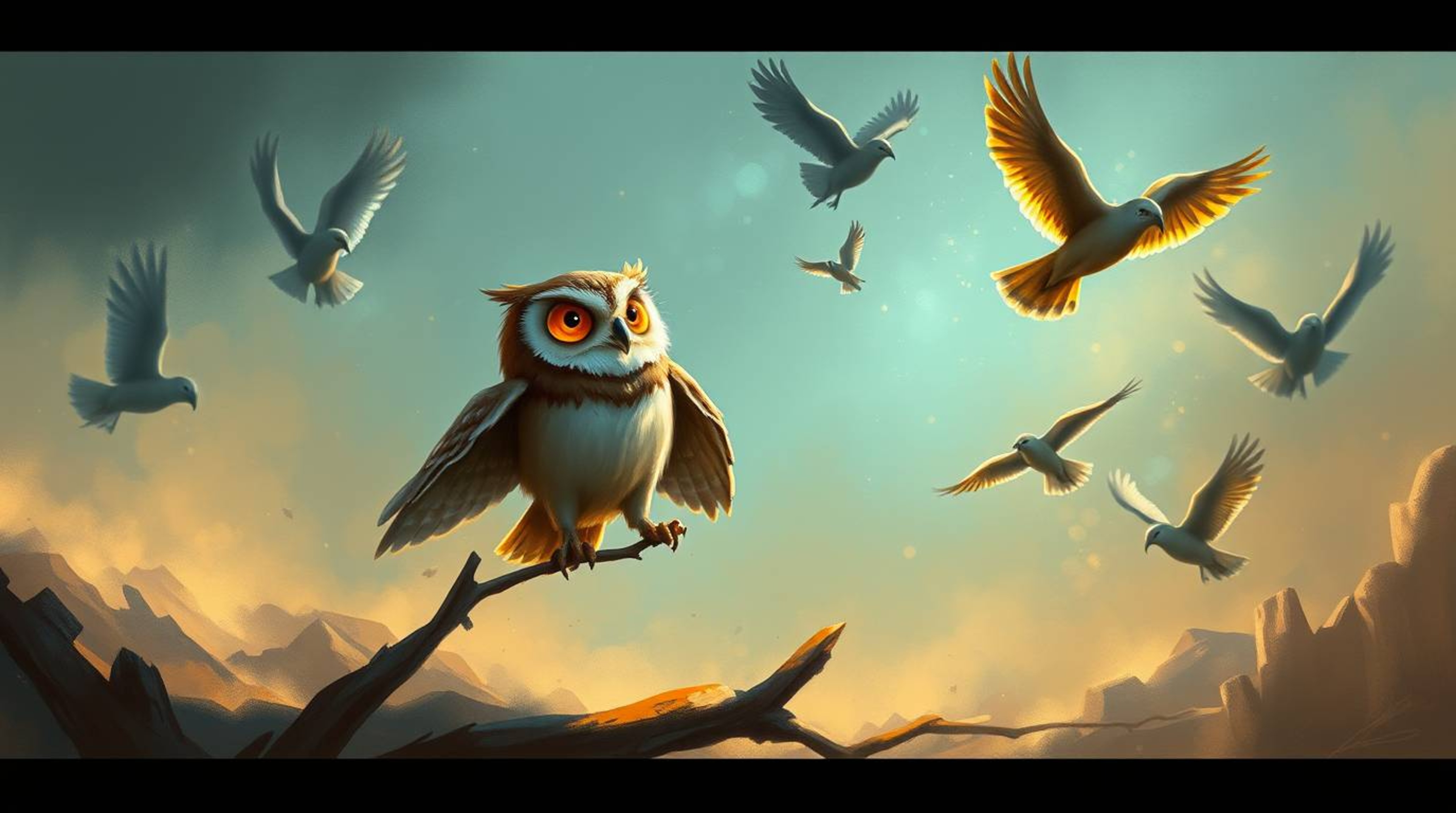 A captivating digital sketch showcases a Pixar-inspired blind owl, rendered with loose painterly strokes, guiding birds in th