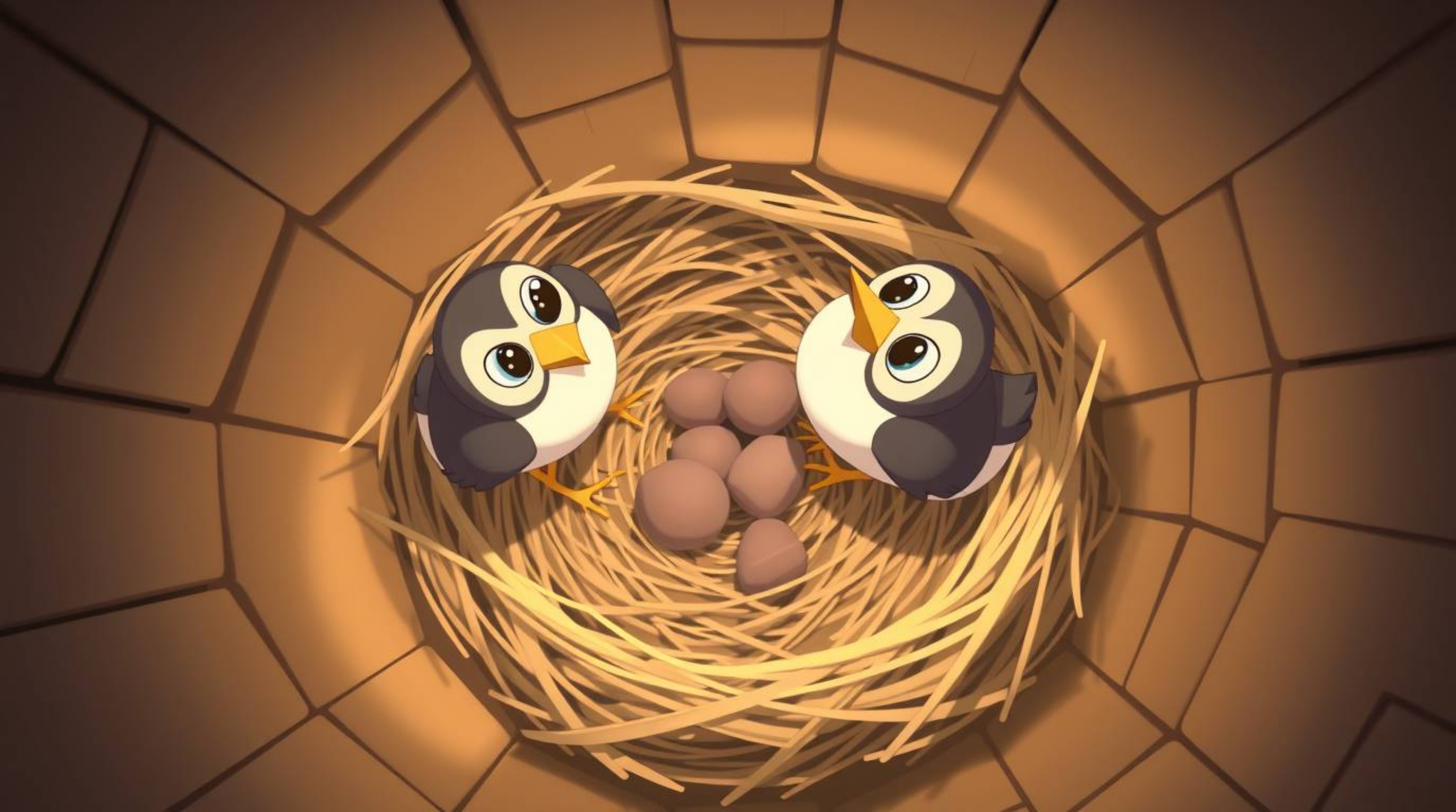 A charming animation showcasing two cartoon birds meticulously constructing their nest from a unique birds-eye-view perspecti