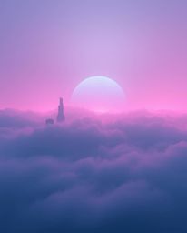A breathtaking futuristic scene unfolds, shrouded in a thick fog and bathed in iridescent light.  Heroic elements dominate th