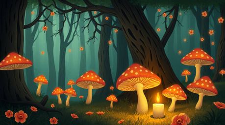 This charming and cute illustration depicts a vintage-style enchanted forest, brought to life by glowing mushrooms illuminate
