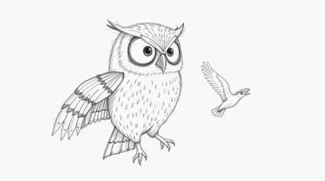 A hand-drawn pencil sketch featuring a blind owl with textured feathers and expressive eyes, demonstrating synchronized fligh