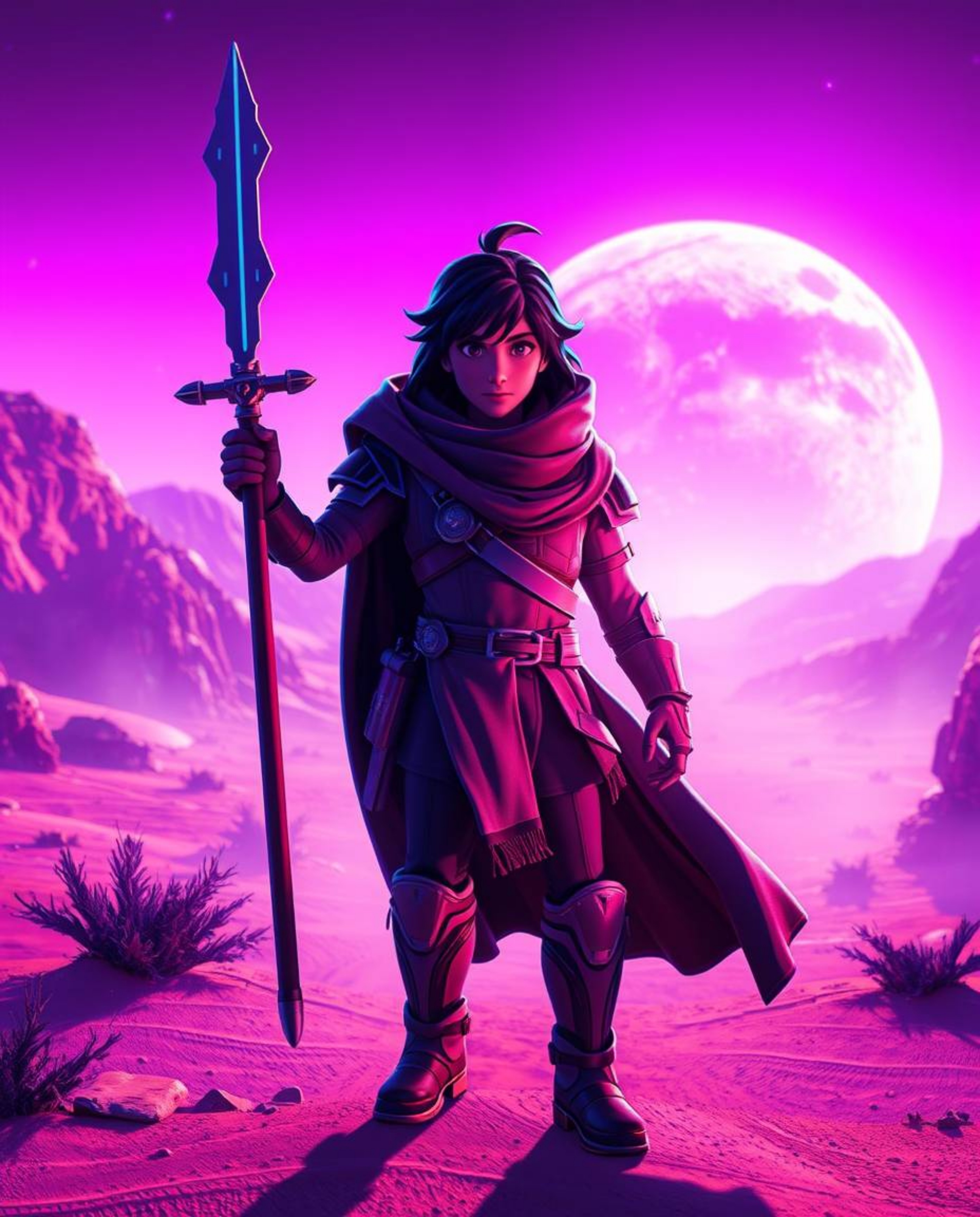 Embark on a grand, epic desert adventure with a brave, Disney-style hero. This stunning scene is rendered in deep ultraviolet