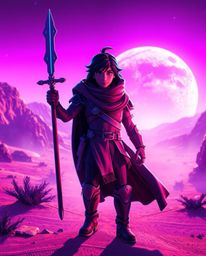 Embark on a grand, epic desert adventure with a brave, Disney-style hero. This stunning scene is rendered in deep ultraviolet