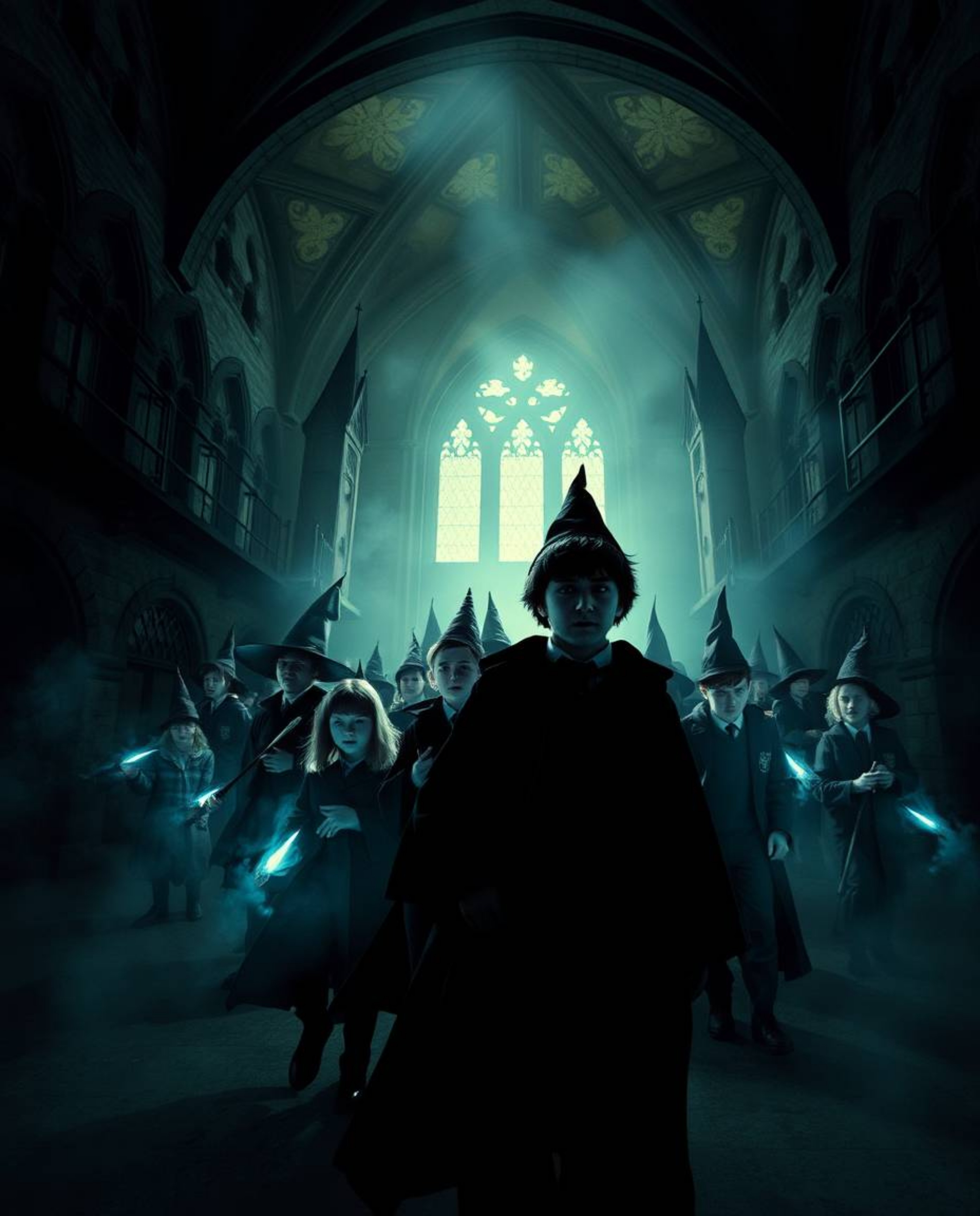 This image depicts a strong and moody magical school, teeming with young wizards.  The low angle perspective enhances the dra