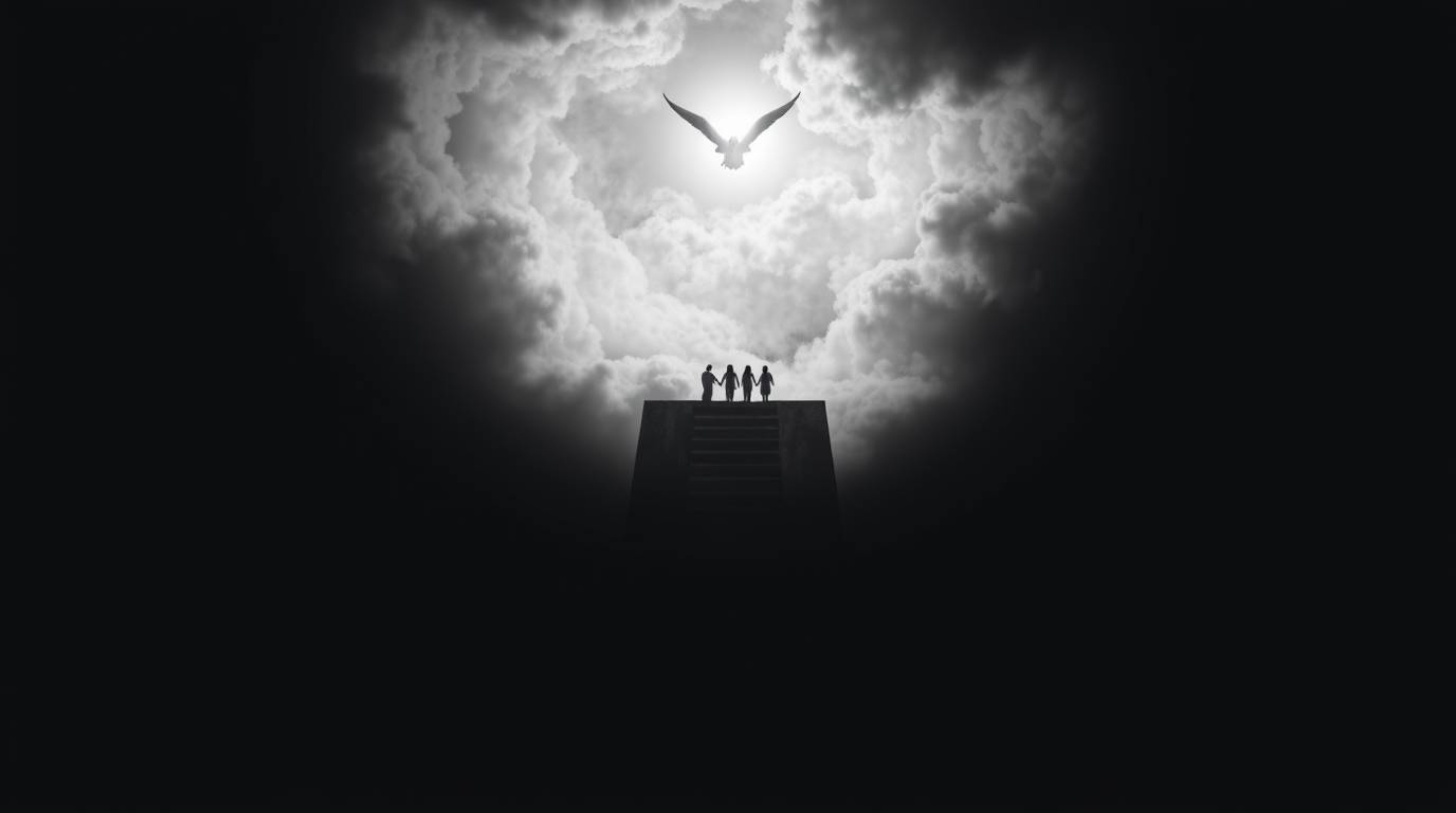 A breathtaking overhead view captures steps of light ascending into a cloudy sky, with angelic figures gracing the horizon.  