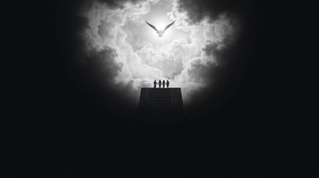 A breathtaking overhead view captures steps of light ascending into a cloudy sky, with angelic figures gracing the horizon.  