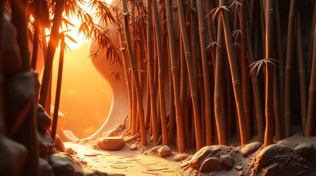 Experience a dramatic and cinematic sculptural clay art piece depicting a serene bamboo forest bathed in the warm glow of sun