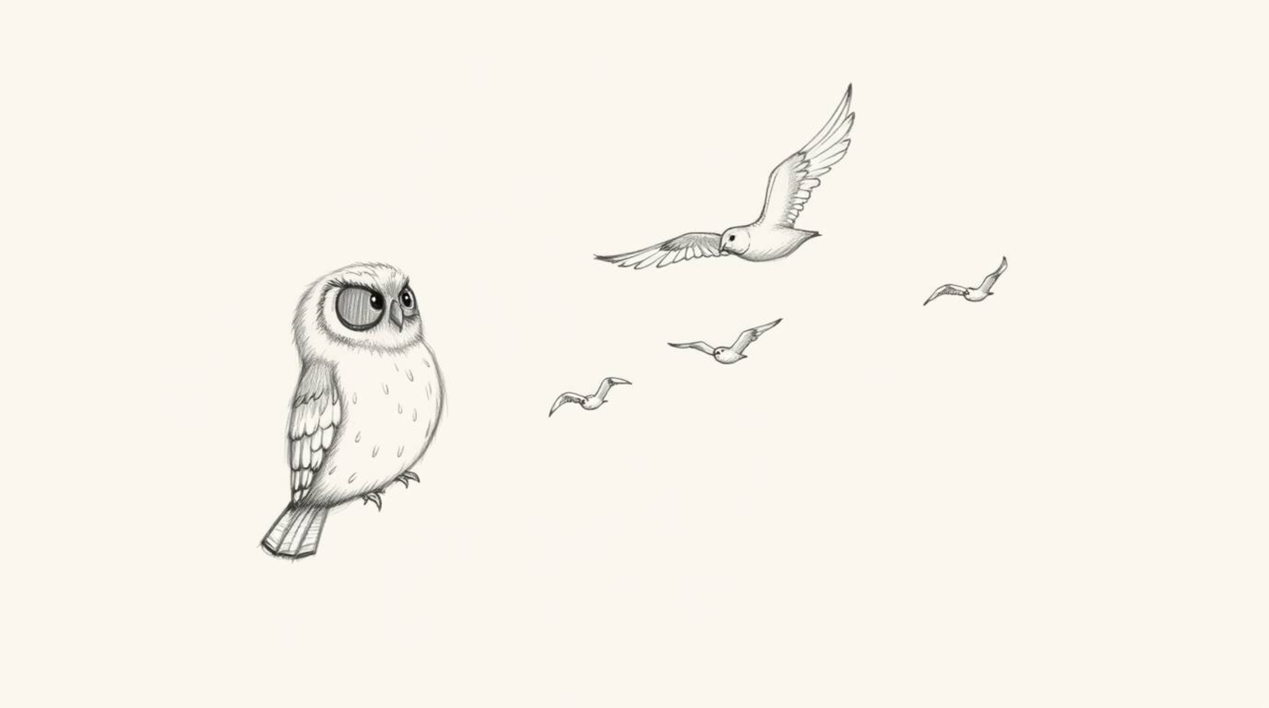 A heartwarming hand-drawn pencil sketch in the style of Pixar depicts a blind owl, characterized by soft, feathery textures, 