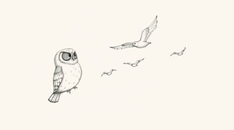 A heartwarming hand-drawn pencil sketch in the style of Pixar depicts a blind owl, characterized by soft, feathery textures, 