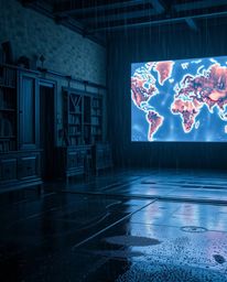 A mesmerizing scene featuring a glowing map projected within an old study, enhanced by a wet, rainy atmosphere. The image sho