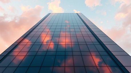 A captivating low-angle perspective of a modern glass building seemingly dissolving into a serene sky filled with soft clouds