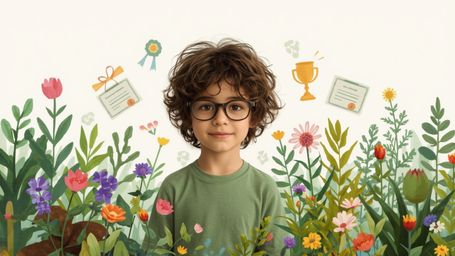A high-resolution stock photo, in a whimsical, Pixar-inspired style, shows a bespectacled homeschooled child with a warm smil