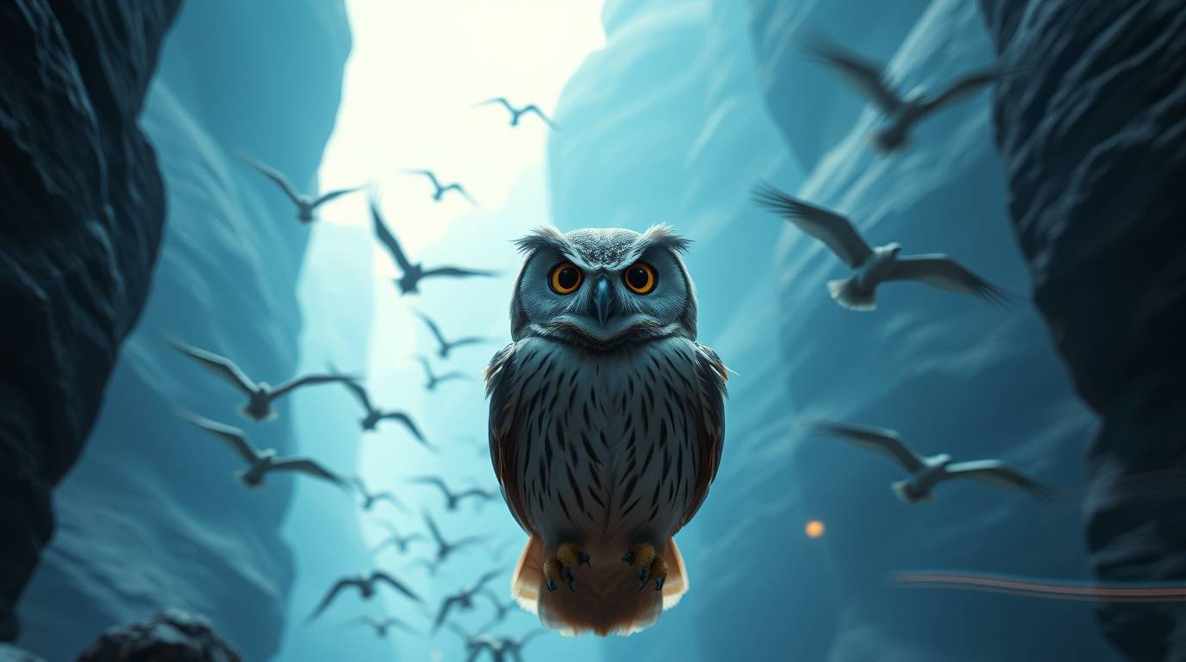 This cinematic, long-exposure photograph captures a blind, wise-looking owl, rendered in a charming Pixar-esque style, as it 