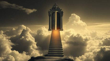 A captivating black and white photograph blending fantasy and realism, depicting a dreamlike and surreal scene. A heavenly ga