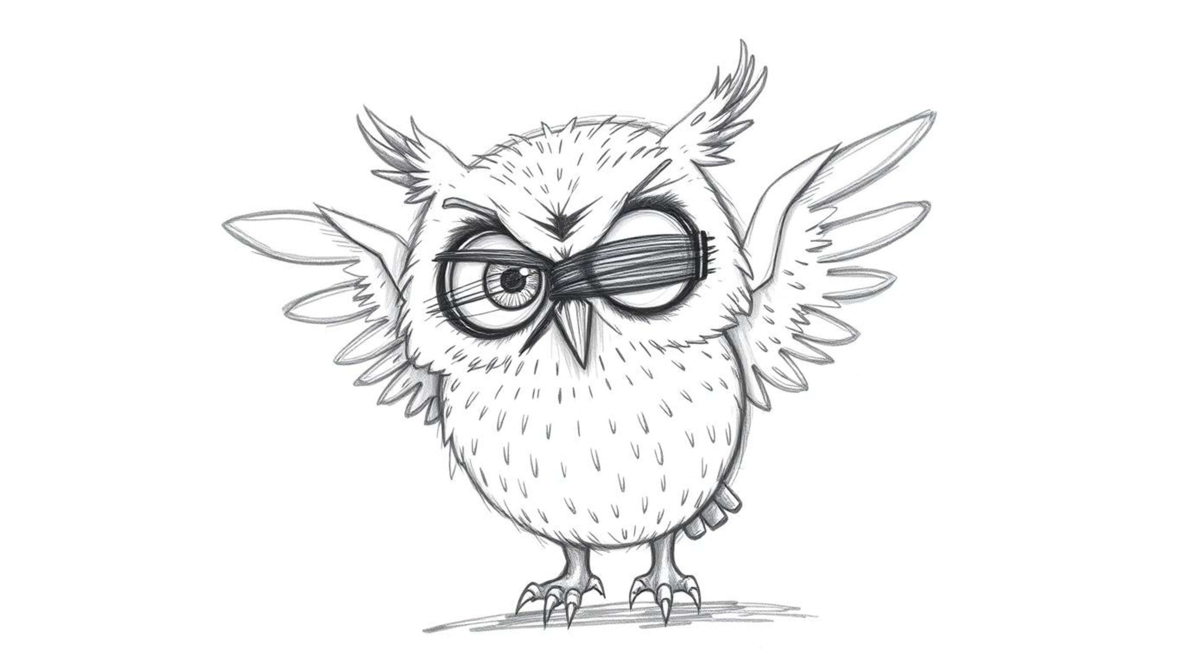 A heartwarming, Pixar-inspired hand-drawn sketch depicts a blind owl with soft, feathery textures, ingeniously teaching birds