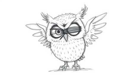 A heartwarming, Pixar-inspired hand-drawn sketch depicts a blind owl with soft, feathery textures, ingeniously teaching birds
