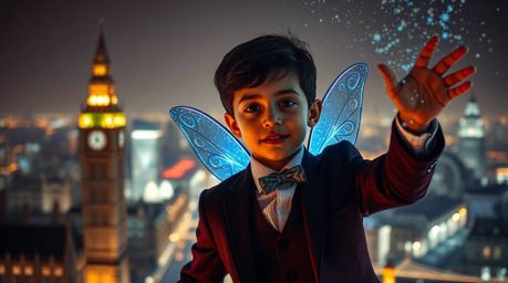 A captivating image of a young boy with olive skin soaring above London with the help of magical pixie dust. The scene is bat