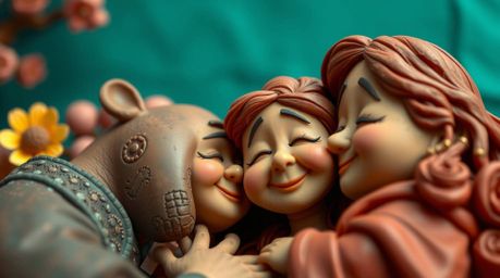 This artwork presents a tight close-up of a sculptural clay art piece depicting a heartfelt reunion between family members, r