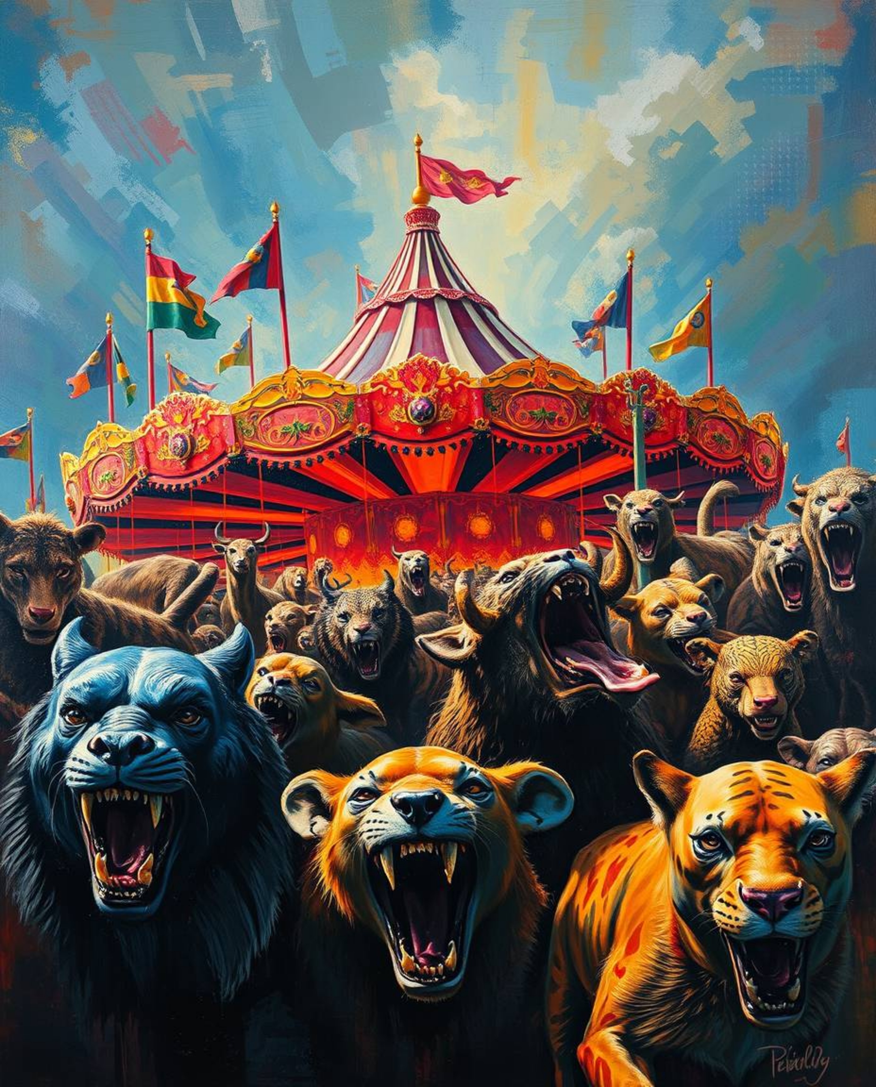 This bold acrylic painting depicts a dramatic cinematic scene of a carnival overtaken by wild animals. The artwork features v