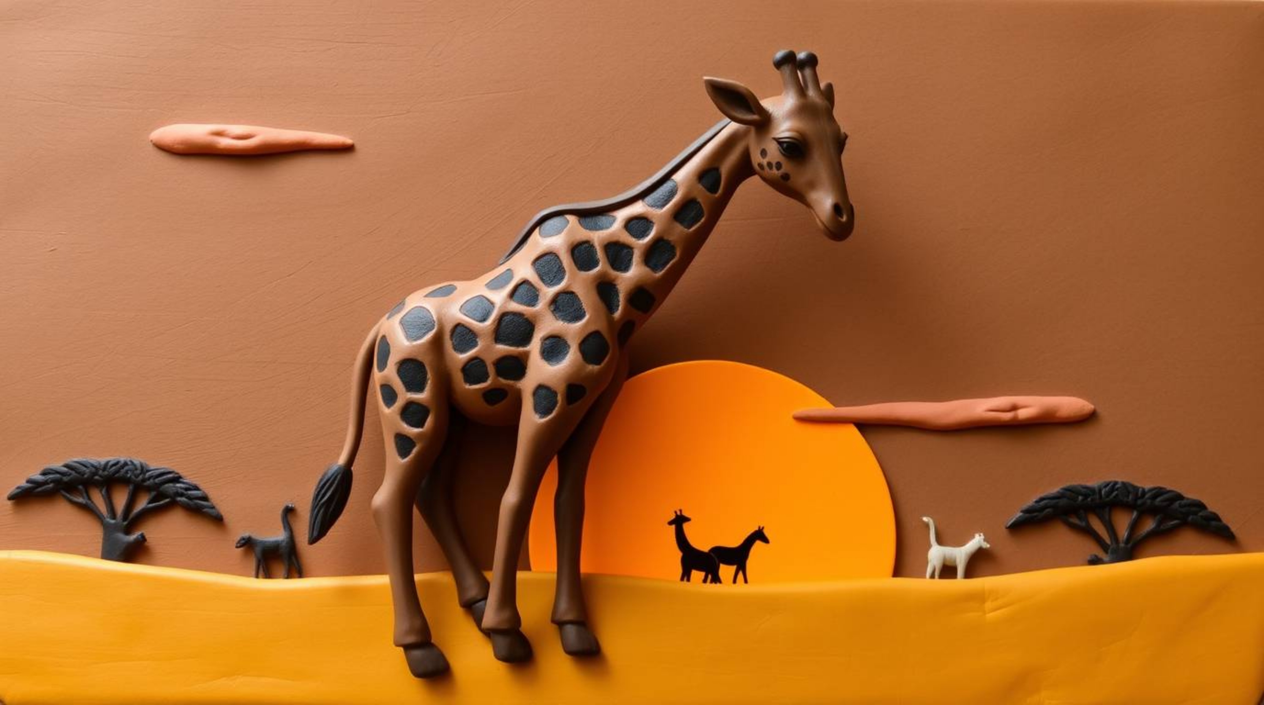 Captivating sculptural clay art depicting a savanna sunset with silhouetted giraffes, showcasing graceful and elegant forms. 