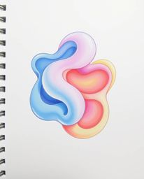 Explore a hand-drawn color sketchnote featuring abstract liquid forms in 3D, rendered in soft pastel colors with subtle light