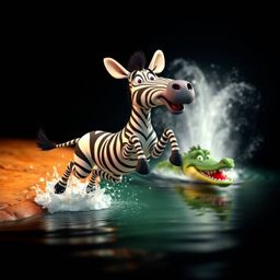 A scared 3D cartoon zebra leaps from a riverbank in a scene bursting with bright, vibrant colors and dynamic motion. Contrast
