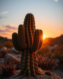 A desert cactus, glowing in the sunset, is dramatically depicted in a layered papier-mâché style. This unique artwork feature