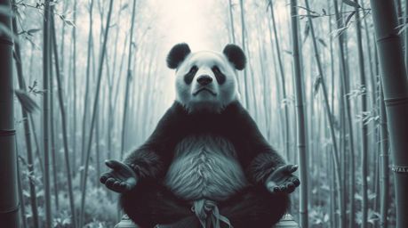 A surreal, high-angle infrared photograph depicts a martial artist panda in deep meditation within a serene bamboo forest.  T