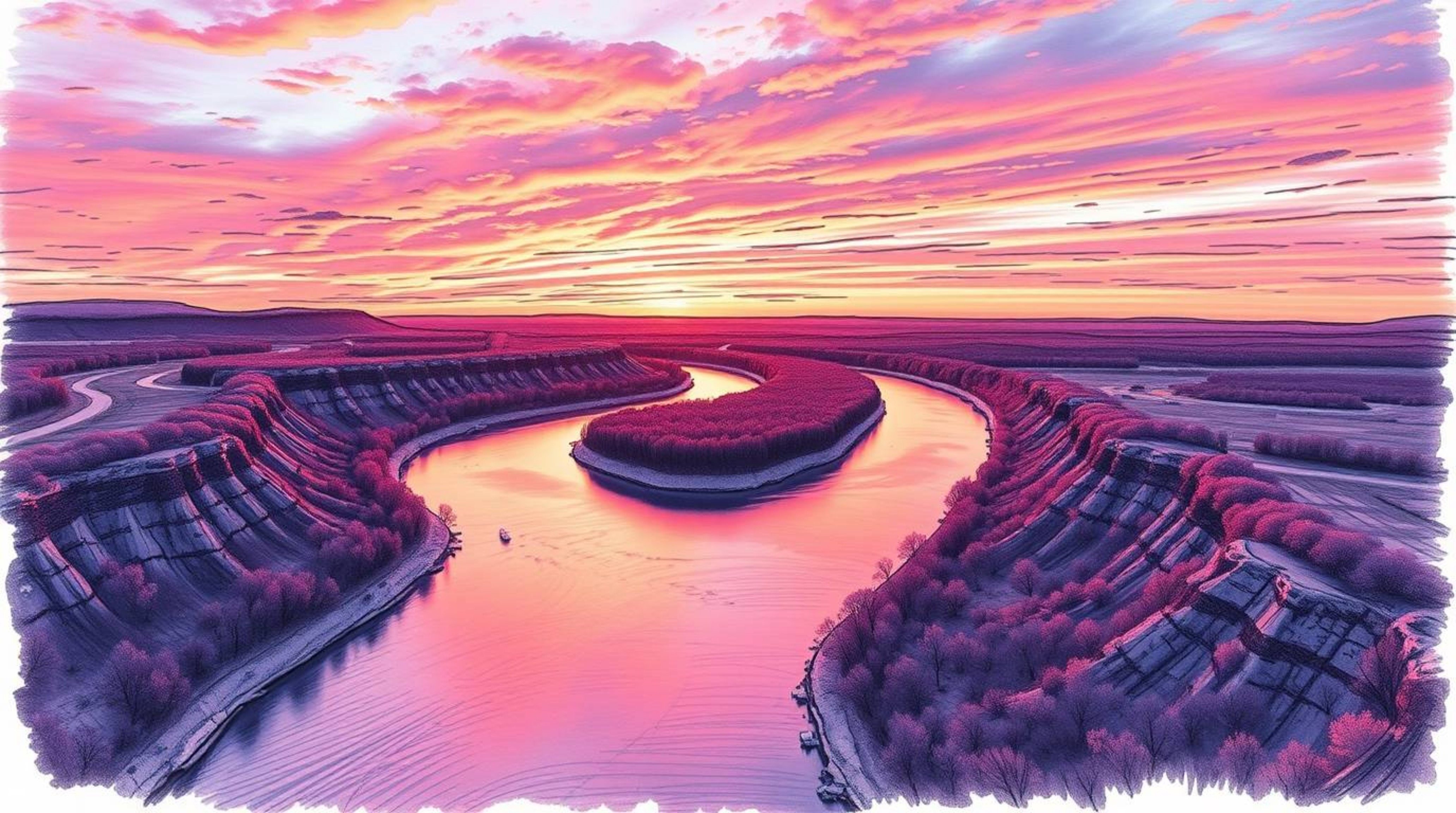 A captivating hand-drawn sketchnote depicts a winding river glowing under a dramatic orange-pink sunset.  The overhead bird's