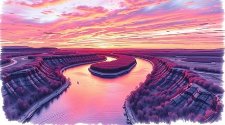 A captivating hand-drawn sketchnote depicts a winding river glowing under a dramatic orange-pink sunset.  The overhead bird's