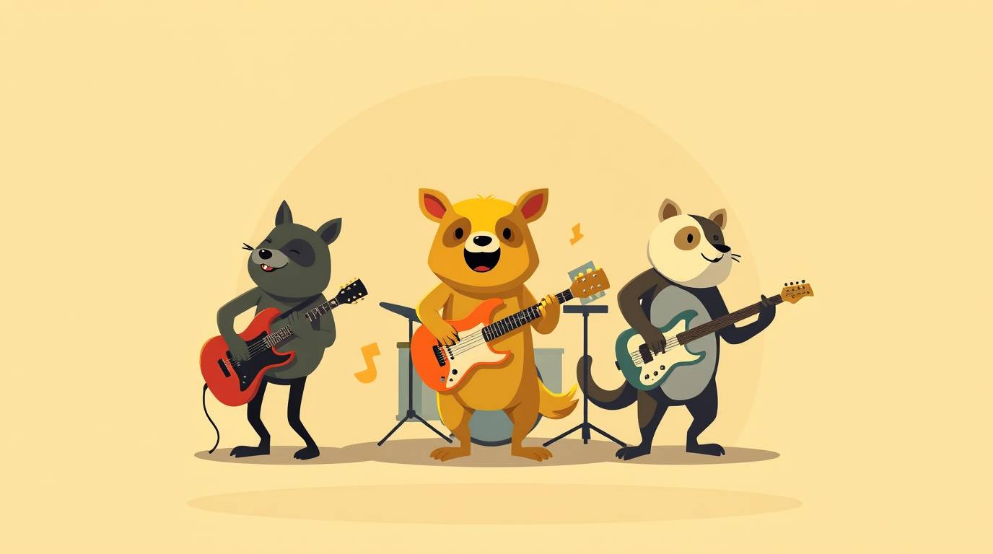 A captivating illustration of a cartoon animal rock band, rendered in a modern flat design style. The image features high co