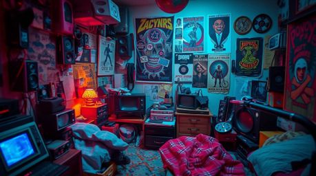 Explore a visually striking messy bedroom scene filled with an array of peculiar gadgets and eye-catching posters. Rendered i