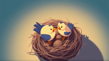 A charming high-angle perspective showcases two cartoon birds diligently building their nest in a classic animation style, fe