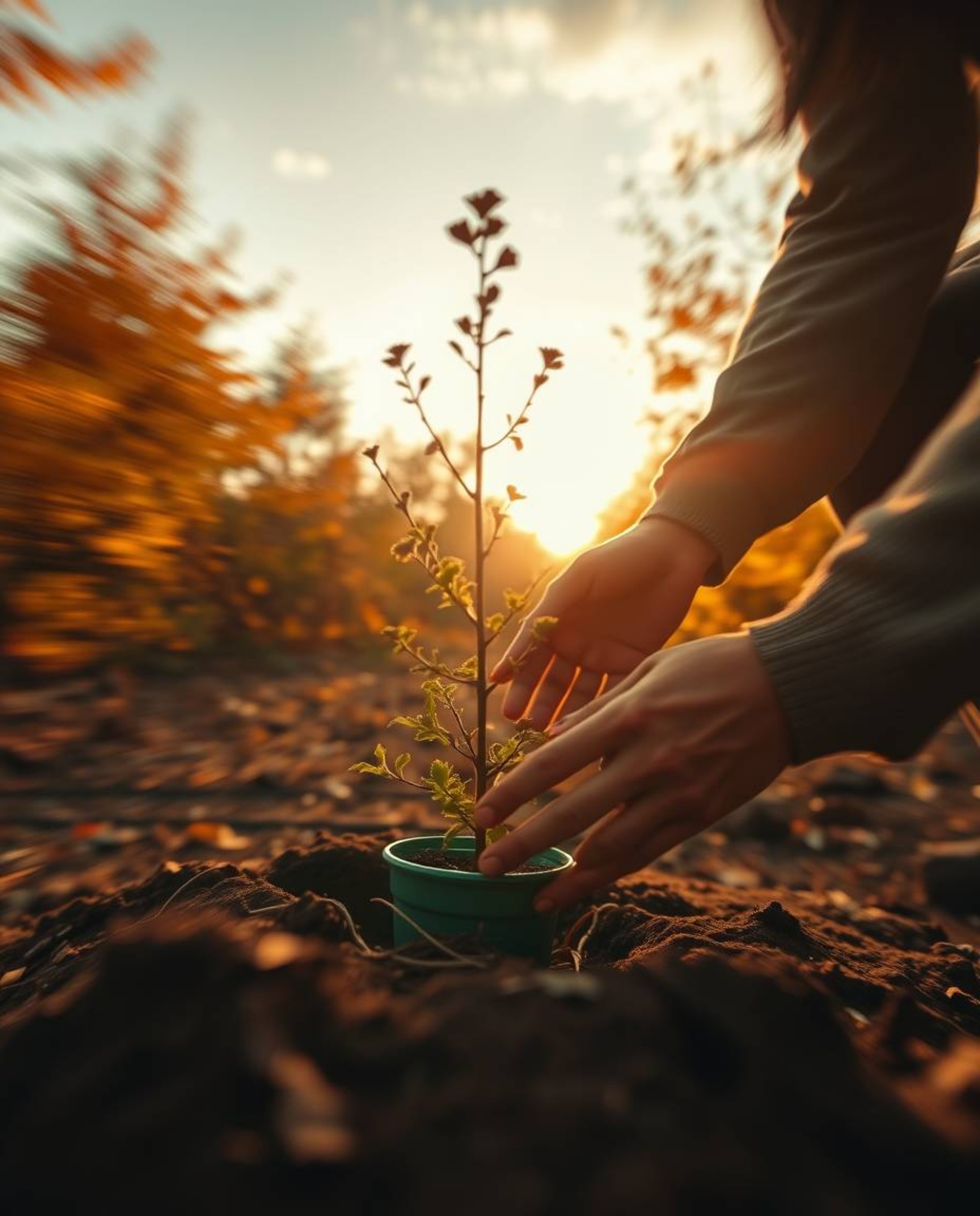 A captivating autumnal photograph showcases hands planting a tree beneath a vibrant golden sky.  The image features blurred m