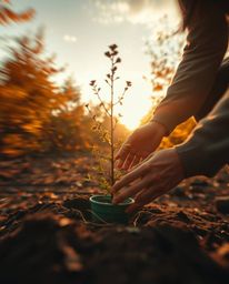 A captivating autumnal photograph showcases hands planting a tree beneath a vibrant golden sky.  The image features blurred m