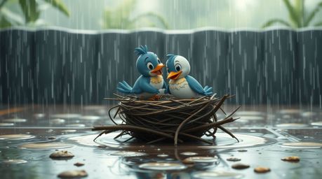 A professional photograph captures two charming cartoon birds diligently constructing their nest in a classic animation style
