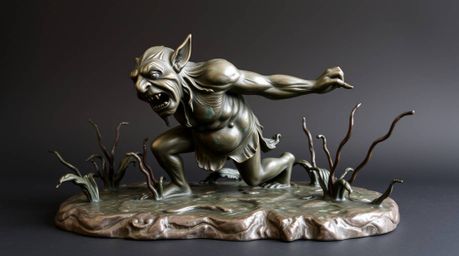 Discover a captivating antique bronze sculpture of an ogre dancing in a swamp.  This sophisticated piece boasts a rich burgun