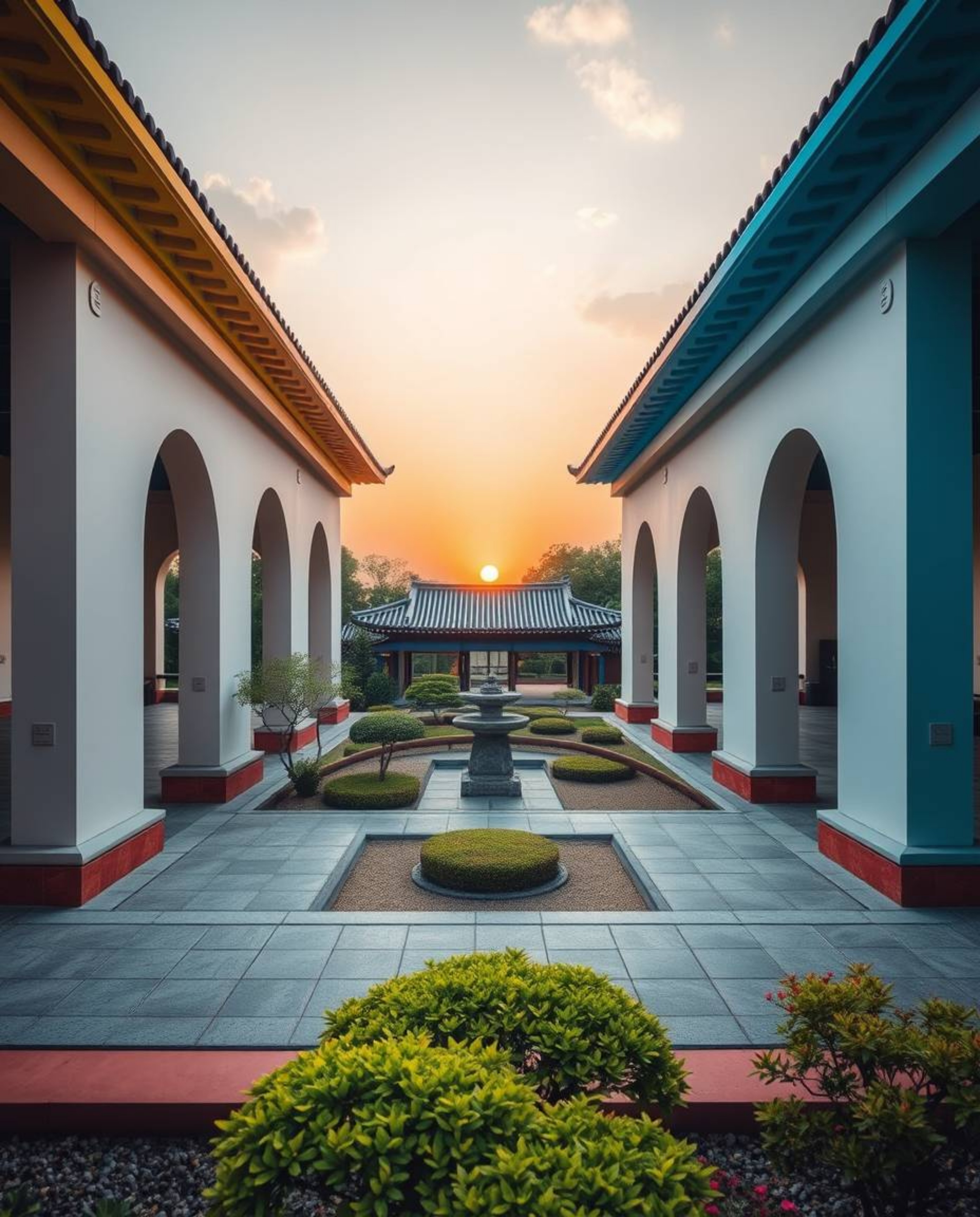 Experience a serene Zen garden at sunset through the lens of precise architectural color photography. This wide-angle view em