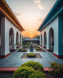 Experience a serene Zen garden at sunset through the lens of precise architectural color photography. This wide-angle view em