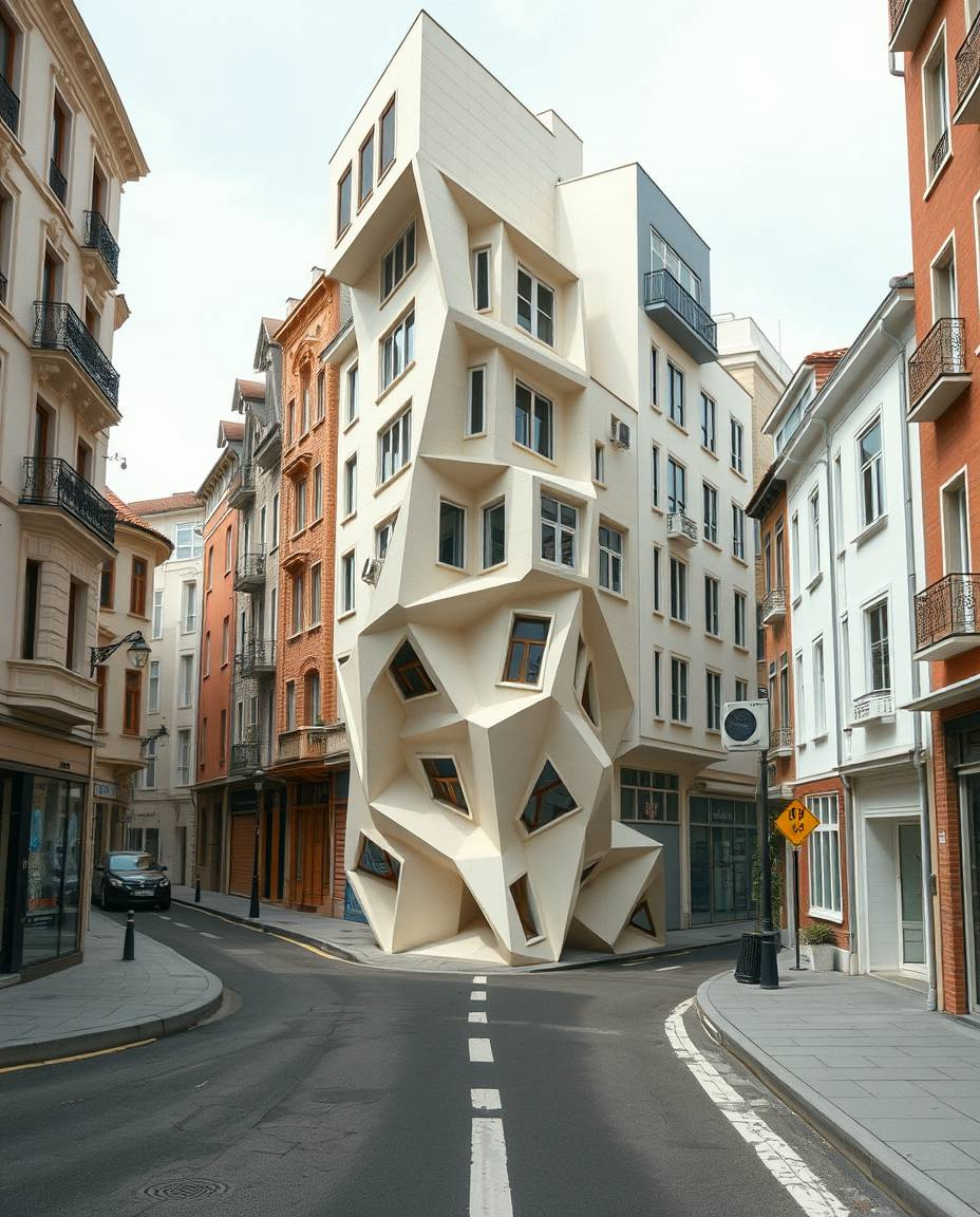 Experience a mesmerizing surreal street scene where buildings twist and fold into intricate origami-style structures.  The im