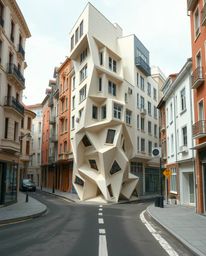 Experience a mesmerizing surreal street scene where buildings twist and fold into intricate origami-style structures.  The im