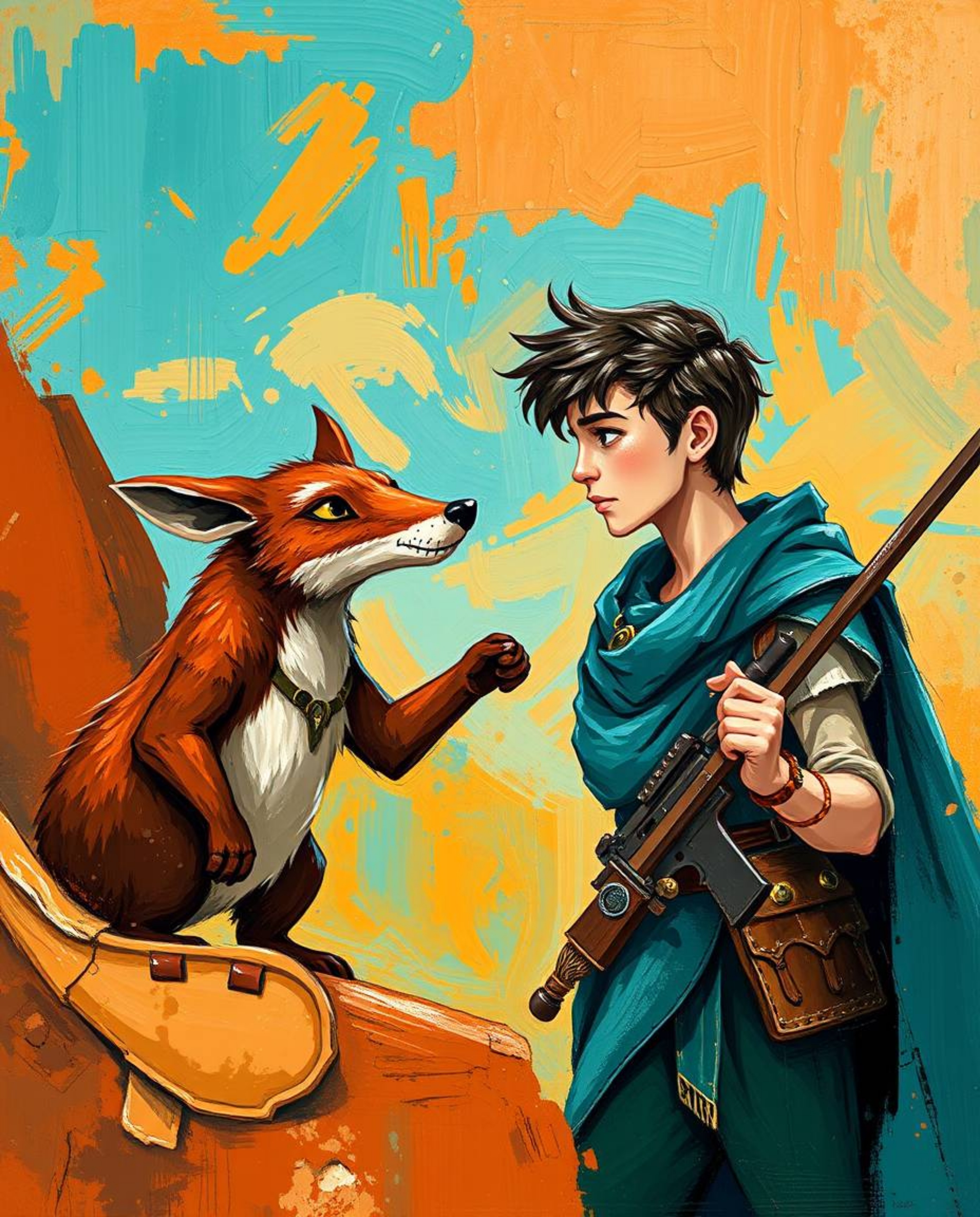 This vibrant acrylic painting depicts a bold scene of a hero's journey, accompanied by a talking animal sidekick. The artwork