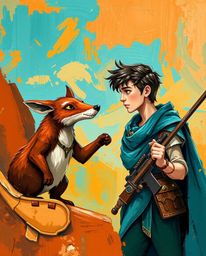 This vibrant acrylic painting depicts a bold scene of a hero's journey, accompanied by a talking animal sidekick. The artwork