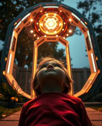 A captivating image depicts a child gazing in awe at a shimmering, futuristic portal in their backyard.  The scene is filled 