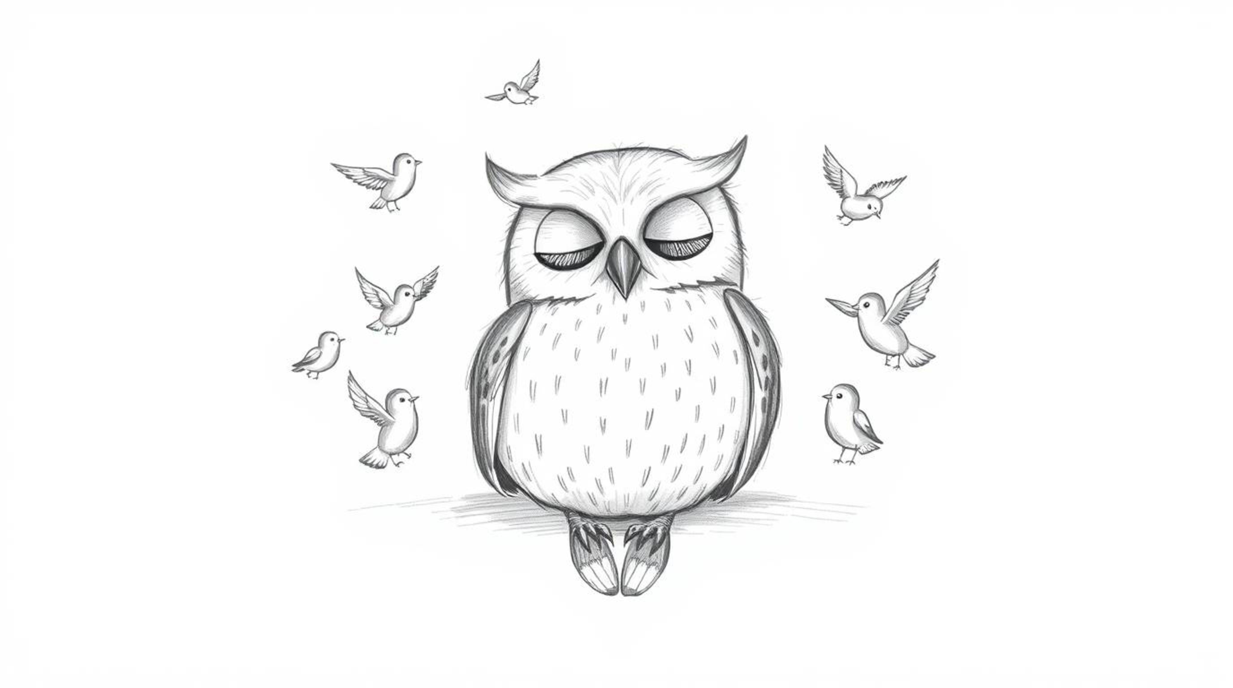 A heartwarming Pixar-style hand-drawn sketch depicts a blind owl resting peacefully against a clean white background, embodyi