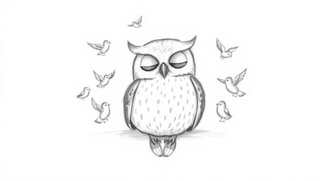A heartwarming Pixar-style hand-drawn sketch depicts a blind owl resting peacefully against a clean white background, embodyi