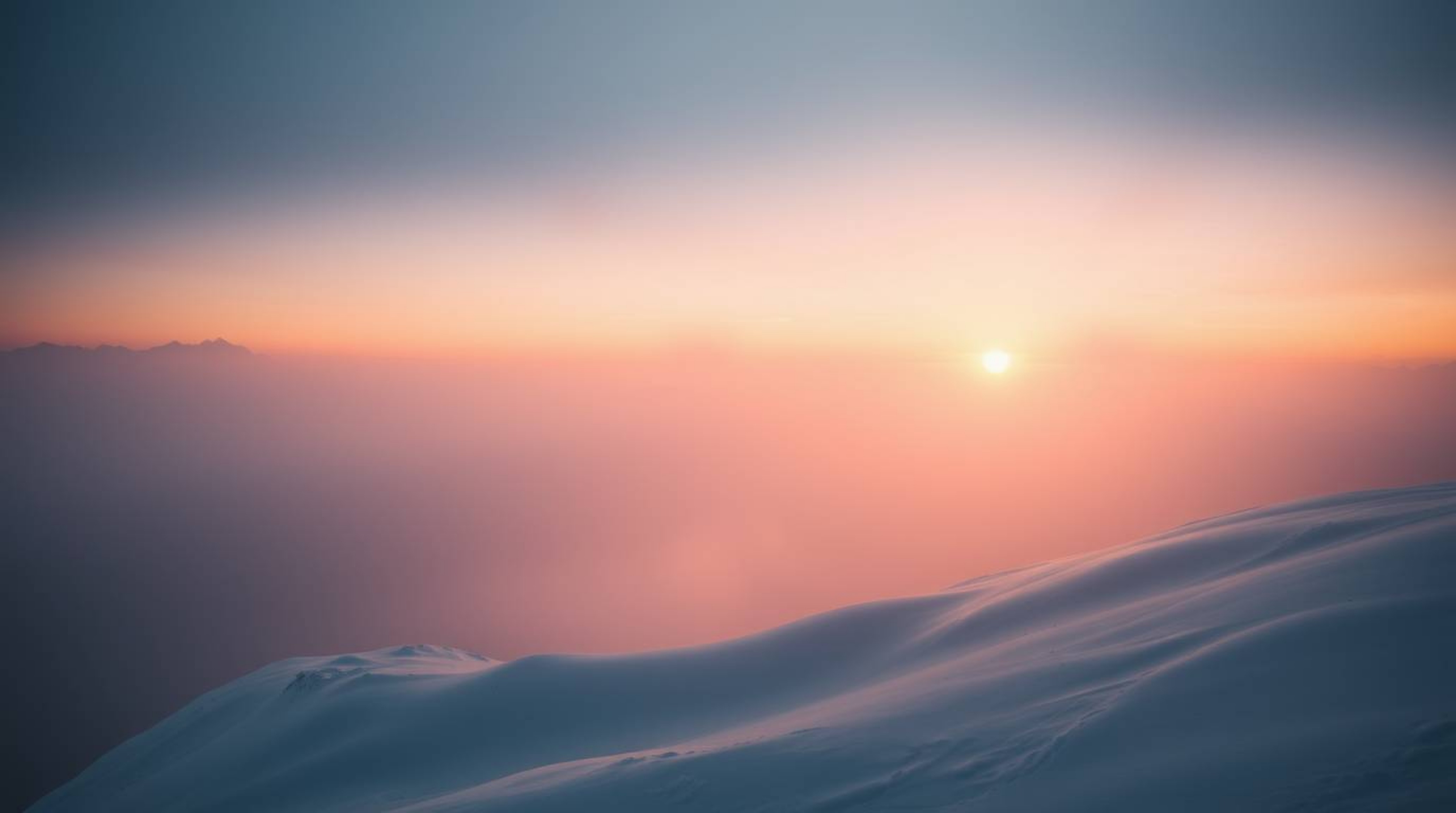 Capture the enchanting beauty of snow-covered mountains bathed in the soft glow of a pastel sunset with a moody, ethereal sty